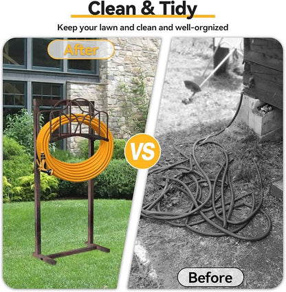 Garden Hose Holder Hanger Freestanding, Upgraded 4-Spike Heavy Duty Storage Reel Stand, Holds 150ft Hose for Outside Yard Lawn (Rustic Line, Metal)
