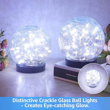 ASOMST 2-Pack Garden Solar Lights Outdoor, Cracked Glass Ball Light Waterproof, Decorative Solar Powered Globe Lighting Cool White for Yard Pathway
