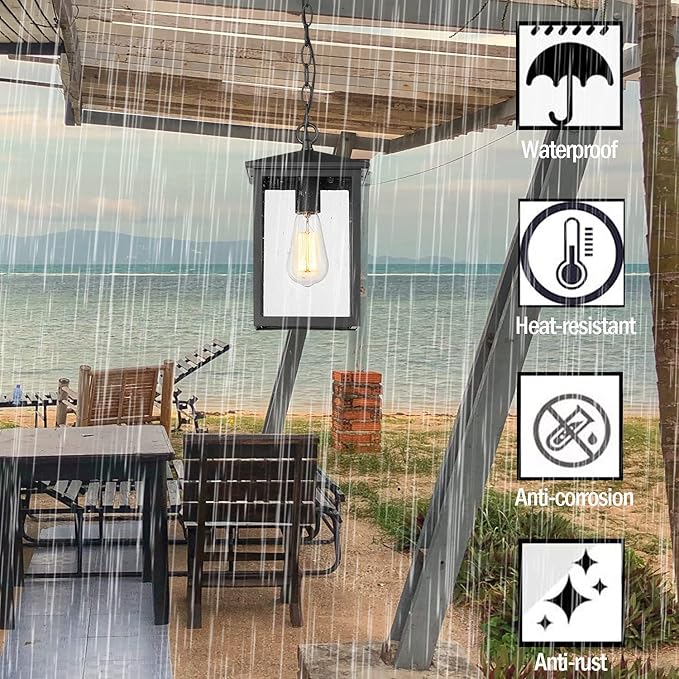 Treekee Outdoor Pendant Lighting, Exterior Hanging Lantern Porch Light, Outside Light Fixture in Black Finish with Seeded Glass, Pendant Lamp for Front, Entry, Patio, Gazebo
