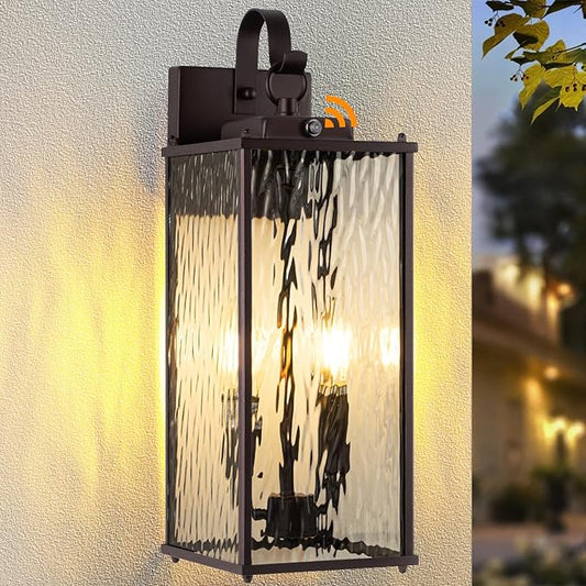 Oil Rubbed Bronze Dusk to Dawn Outdoor Light Fixture 18”, 2-Light Candelabra Photocell Porch Light with Water Ripple Glass Large Brown Outside Wall Light for House Wall Mounted Lamp, E12