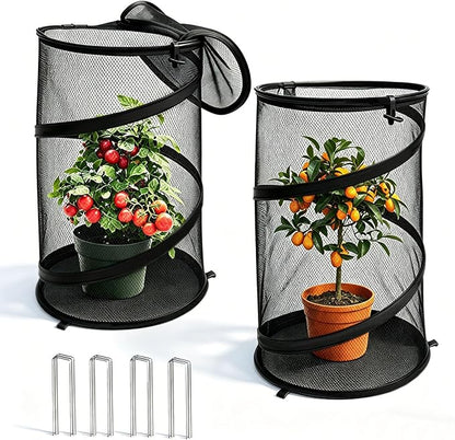 2 Pcs Pop Up Mesh Plant Protectors, 21 x 13 Foldable Garden Cover, Specifically Designed for Outdoor Vegetables, Seedlings & Flowers, Animal Barrier Cloches with Stakes (Black)