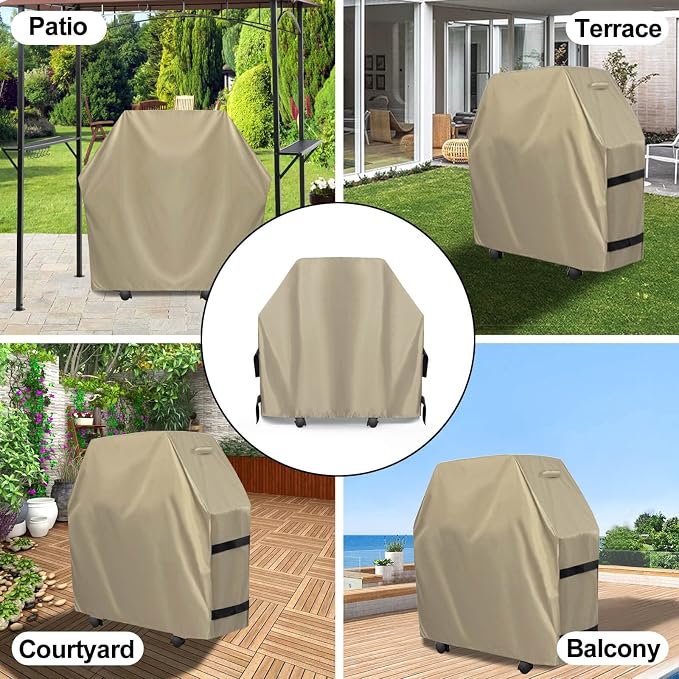 OutdoorLines Waterproof Heavy Duty BBQ Grill Cover - Universal Barbecue Grill Covers UV Resistant Barbeque Gas Grill Cover for Outdoor Outside Grill, 32L x 24W x 43H Inch, Camel