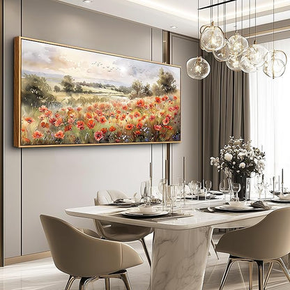 QIYILEXWART Canvas Wall Art For Living Room Wall Decor For Bedroom Office Wall Decoration Red Blooms Field Landscape Painting Farmhouse Pictures Artwork Room Aesthetic Home Decor 20x40 In
