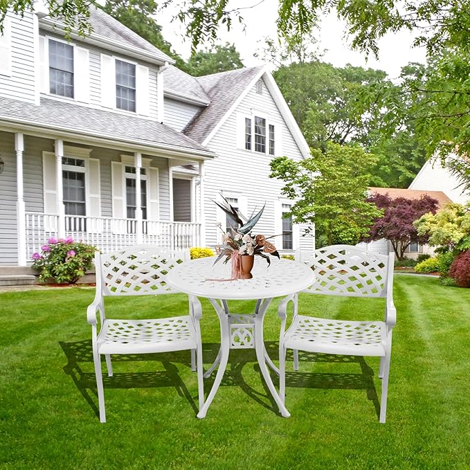 3 Piece Outdoor Dining Set,Cast Aluminum Bistro Set with Umbrella Hole, All Weather Patio Furniture Set, Small Patio Dining Set for Garden/Balcony/Deck, White