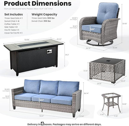 ovios 9 Pieces Patio Furniture Set, Outdoor Wicker Sofa Couch with Rocking Swivel Chairs Fire Pit Table, Modern Deep Seat Rattan Conversation Sets for Porch Deck, Denim Blue