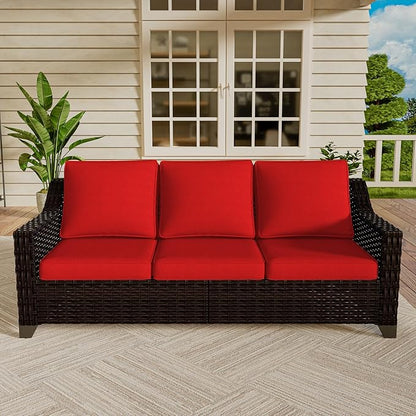 VistaVibe 78" Patio Wicker 3-seat Sofa, Deep Seat & Upholstered Loveseat, Outdoor All-Weather Rattan Couch with Removable Cushions, Steel Frame Couch for Garden, Poolside (Brown/Red)