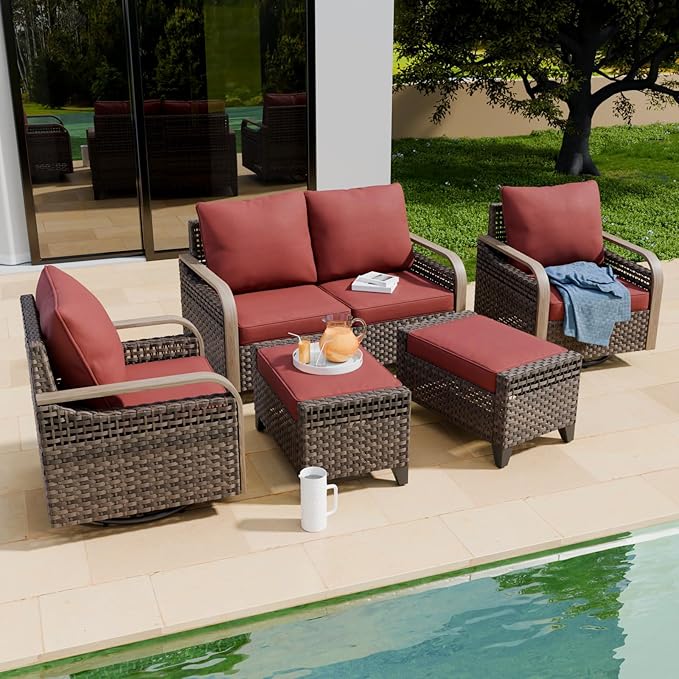 COOS BAY Modern Wicker Outdoor Furniture Set, Patio Conversation Set with Swivel Rockers, 2 Seat Loveseat, and Ottomans, 5 Piece, Brown/Red