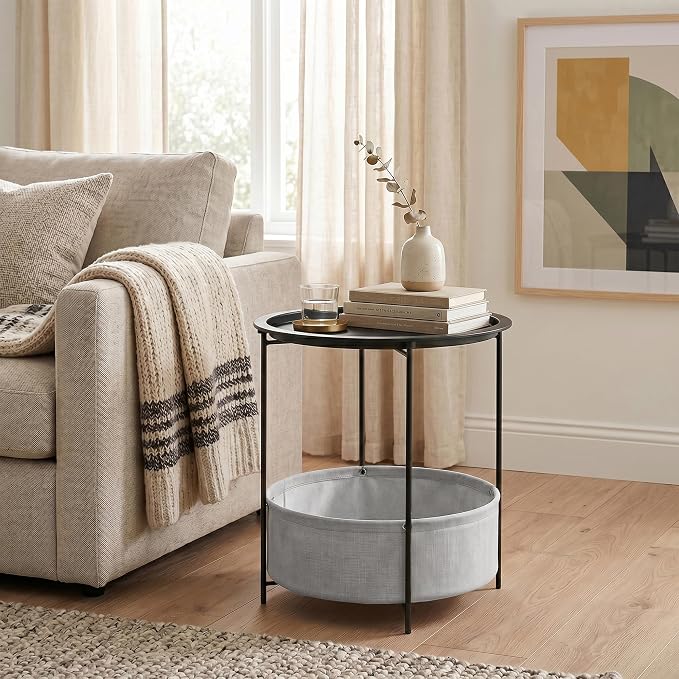 VECELO Round Side/End Table with Fabric Storage Basket，Metal Anti-Rust and Waterproof Small Bedside Nightstand with Removable Tray Top for Living Room，Balcony & Laundry，Black /1pcs with Basket