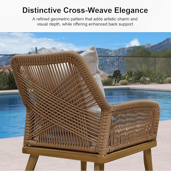 PURPLE LEAF 4-Piece Patio Conversation Set – Wicker Outdoor Furniture with Aluminum Table, 3 Rattan Chairs for 4 People, Thick Sofa Cushions, Ideal for Garden, Backyard, Lawn, or Poolside, Teak