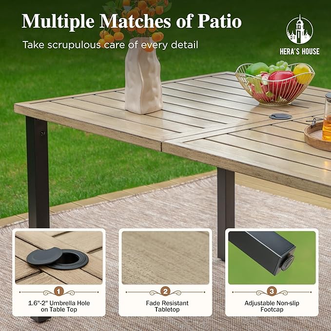 HERA'S HOUSE Patio Table and Chairs Set 7 Pieces, Wood-Like Outdoor Metal Dining Furniture Sets for Backyard Lawn Deck