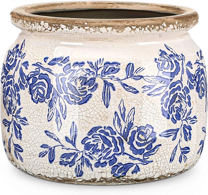 7.7" Large Vintage Ceramic Plant Pot Blue White Rose Crackle Glaze Rustic Flowers Pot Decorative Planter with Drainage for Indoor Outdoor Plants Kitchen Office Home Decor Gift