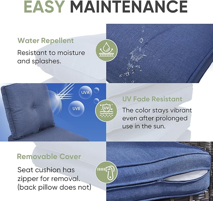 Outdoor Chair Cushion Set of 3, Waterproof Outdoor Seat Cushions 25x22, Patio Chair Cushions for Outdoor Furniture, Couch Cushion Replacement, Include 3 Back & 3 Seat Cushions, Button/Blue