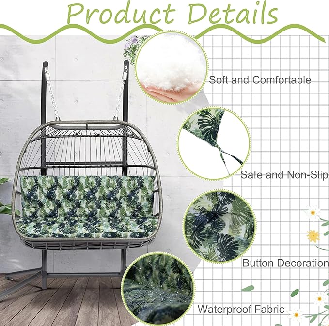 Swing Replacement Cushions with Backrest, 2 or 3 Seater Waterproof Non-Slip Overstuffed Swing Pad, Indoor/Outdoor Bench Cushion for Porch Chair Swings Garden Furniture (Palm Leaves, 40 * 71 in)