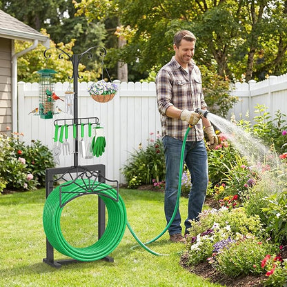 71 Inch Garden Hose Holder,Heavy Duty Free Standing Hose Rack with 6 Shepherd Hooks & 6 Hangers,Holds Up to 160ft Hose,Outdoor Hose Storage for Garden, Yard & Patio