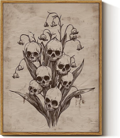 InSimSea Framed Canvas Prints Art Vintage Decor, Gothic Skull Flowers Painting, Rustic Dark Academia Wall Art for Bathroom, Halloween Living Room Witchy Room Wall Cottagecore Decor, 12x16inch