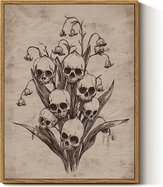 InSimSea Framed Canvas Prints Art Vintage Decor, Gothic Skull Flowers Painting, Rustic Dark Academia Wall Art for Bathroom, Halloween Living Room Witchy Room Wall Cottagecore Decor, 12x16inch