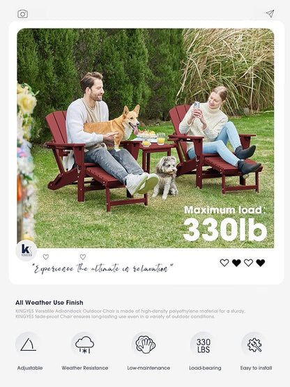 KINGYES Folding Adjustable Adirondack Chair with Ottoman & 2 Cup Holders, HDEP Multifunctional Adirondack Chair with Footrest, Red