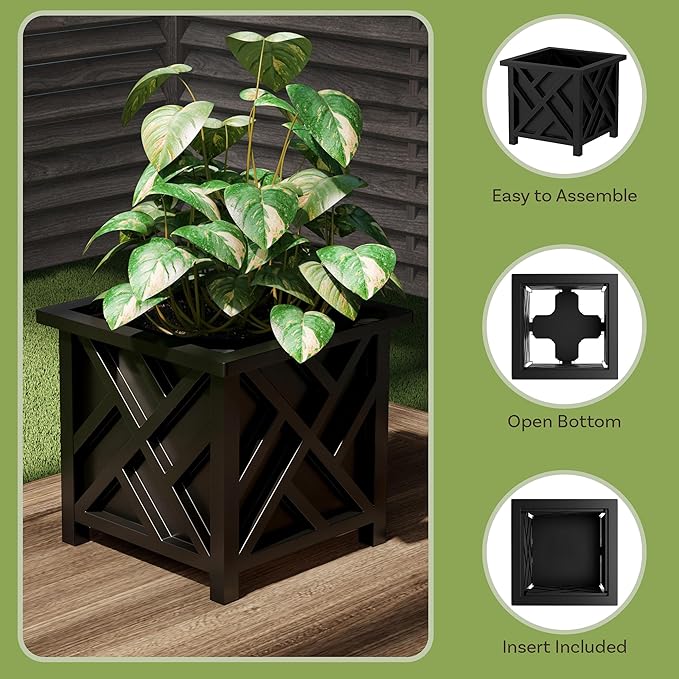 Lattice Design Outdoor Planter Box - 14.75” Square 13” Tall Black Plant Pot - Decorative Plant Pots for Front Porch Decor - Flower Pots Outdoor Planters for Porch Patio or Garden Decor by Pure Garden