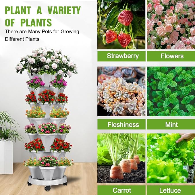 Vertical Strawberry Planter 7 Tier Stackable Tower Herb Planters-Stacking Garden Outdoor Grey Planter Pot with Tools Mover for Succulents, Vegetables and Flowers