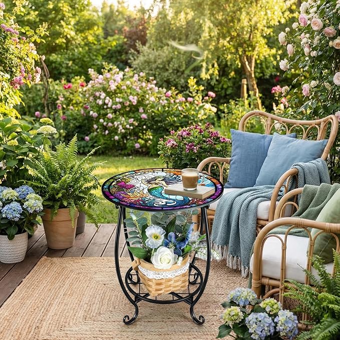 Cinnvoice Outdoor Side Table Round Small Mosaic Patio Accent Indoor End Plant Coffee Tea Table for Yard Patio Porch Garden Living Room, Bedroom(Mermaid Style,14 Inch)