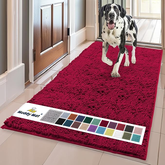 Muddy Mat® | Super Water Absorbent Door Mat Indoor, Microfiber Quick Dry Chenille Entryway Rug, Slip Resistant Front Door Mat, Indoor Mats for Entryway, Machine Washable Pet Rug, Maroon 24" x 72"