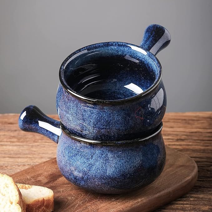 vicrays French Onion Soup Bowls With Handles, 26 Ounce for Soup, Chili, Beef Stew, Chip Resistant, Dishwasher Microwave Safe, Set of 4 (Blue)