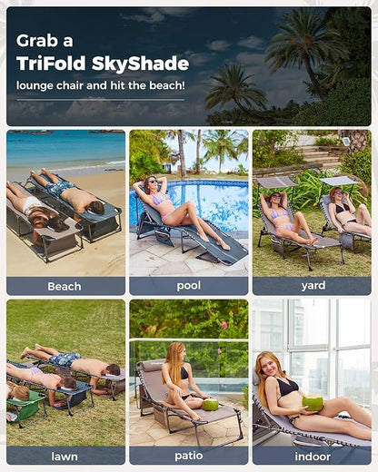 KingCamp 2 Pack Tanning Chair with Face Hole, Lounge Chairs Outdoor Folding Portable Comfy Adjustable 5-Position Chaise Chaser with Canopy Shade for Outside Beach Patio, Blue/Grey