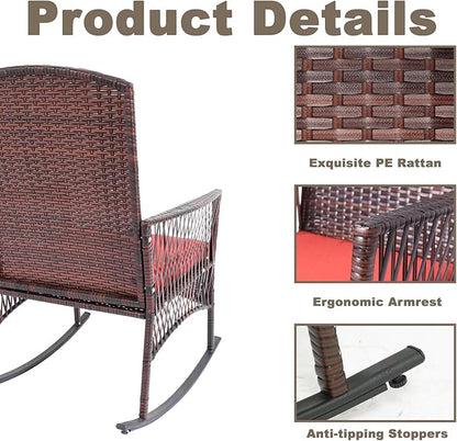DECMICO Outdoor Rattan Wicker Rocking Chair 3 Pieces Patio Conversation Furniture Bistro Sets with Side Table and Cushions for Porch Garden and Balcony