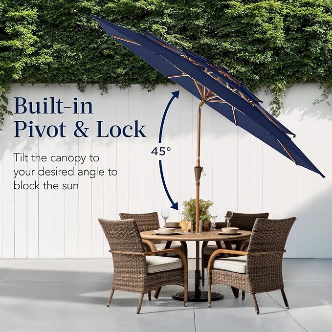 Best Choice Products 10ft 3-Tier Solar Patio Market Umbrella, Outdoor Sun Shade for Backyard, Deck, Poolside, Table w/Woodgrain Pattern, LED Lights, Tilt Adjustment - Navy Blue