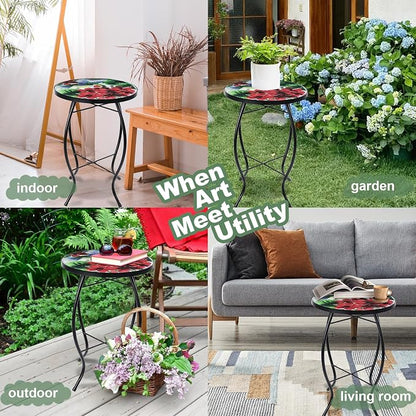 VCUTEKA Patio Side Table Outdoor Accent Table Small Mosaic Tables Coffee End Porch Tables Indoor Outdoor Round Glass Balcony Bistro Plant Stand Hummingbird Poppy 14 inches