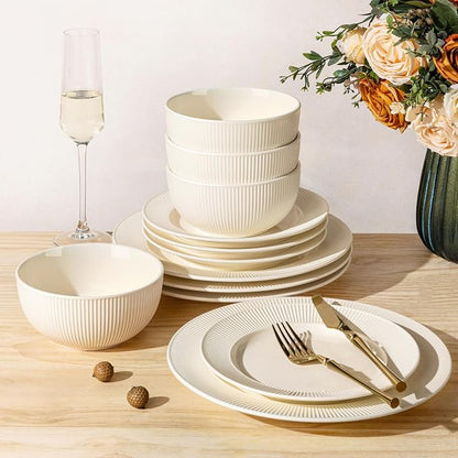 TheTerra Ceramic Dinnerware Sets for 4, 12 Pieces Porcelain Lightweight Plates and Bowls Sets, Scratch Resistant Dish Set, Oven, Microwave & Dishwasher Safe, Ivory