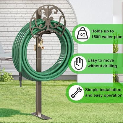 GOFORWILD Garden Hose Stand with Brass Faucet, Detachable Heavy Duty Water Hose Holder, Freestanding Metal Hose Reel Decorative Storage Hanger Holds 150-Feet Hose for Outside Patio Lawn Yard