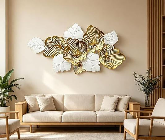 Roivikis Large Metal Wall Art Decor, 3D Abstract White & Gold Floral Leaves Wall Art, Handcrafted Modern Metal Wall Sculpture for Living Room, Bedroom, Entryway, 53.2" × 27"