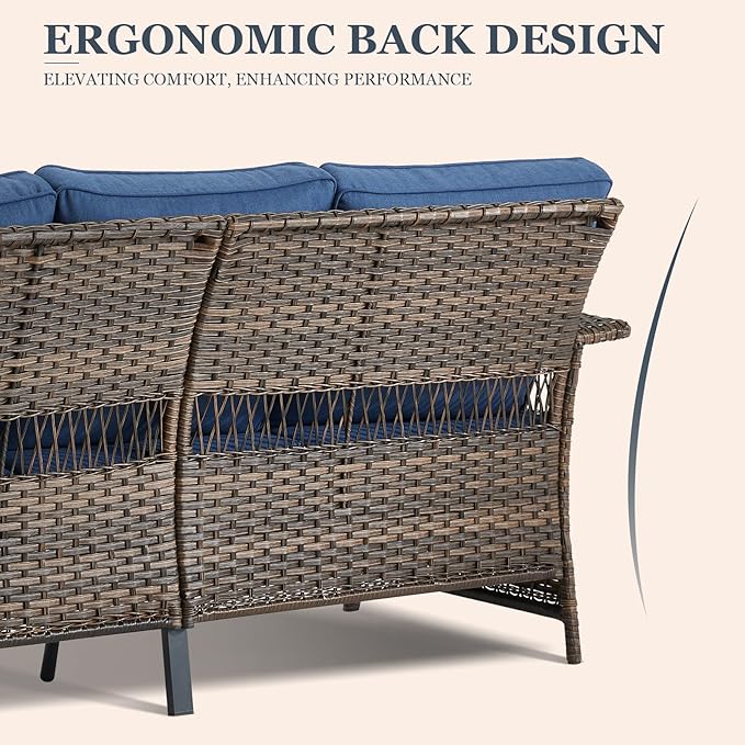 Patio Furniture Set 2 Wicker Swivel Glider Chairs Sofa with PE Rattan Coffee Table Brown Wicker Blue Cushions Patio Conversation Set 4pcs for Garden Balcony Sunroom Backyard