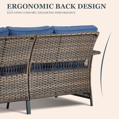 Patio Furniture Set 2 Wicker Swivel Glider Chairs 2 PE Rattan Chairs and 2 Ottomans with Blue Cushions Patio PE Rattan Side Table Brown Wicker Patio Conversation Set 7pcs for Patio