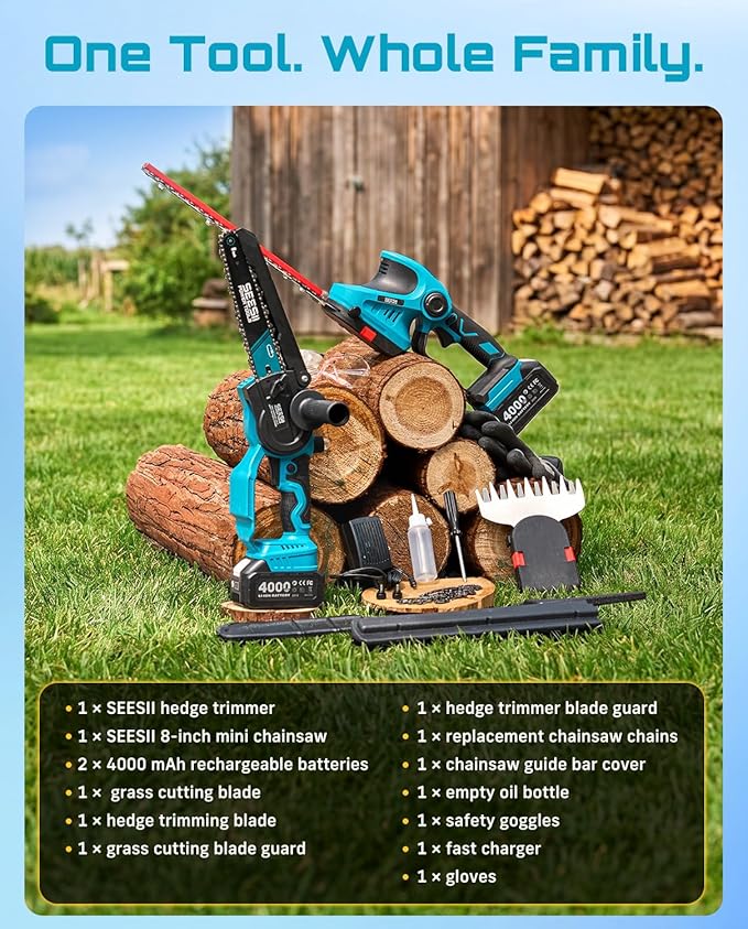 SEESII 3 in 1 Cordless Mini Chainsaw & Hedge Trimmer Combo, 8 Inch Battery Powered Chainsaw with Grass Shear, 800W Brushless Motor, 2x 4000mAh Batteries, Ergonomic Yard Garden Tool Set for Trimming