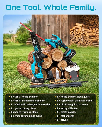 SEESII 3 in 1 Cordless Mini Chainsaw & Hedge Trimmer Combo, 8 Inch Battery Powered Chainsaw with Grass Shear, 800W Brushless Motor, 2x 4000mAh Batteries, Ergonomic Yard Garden Tool Set for Trimming