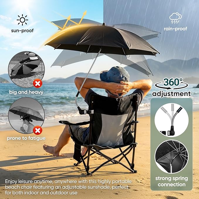 HaSteeL Low Beach Chair Set of 2, Foldable Black Camping Chair with Adjustable Umbrella Set for Adults, Lightweight Portable Lawn Chairs for Fishing, Picnic, Outdoor BBQ, Travel, Sports