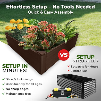 Raised Garden Bed - 4x4 ft Planter Box - Brown HDPE - No Tools Needed - DIY Kit for Urban Gardening, Flowers, Herbs & Vegetables - Made in The USA