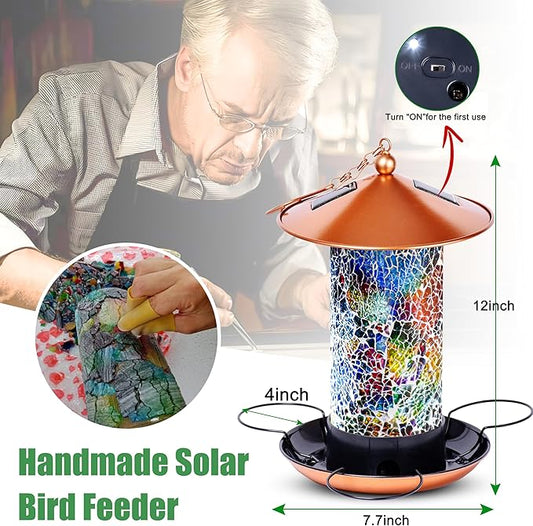 Ottsuls Solar Bird Feeder for Outdoors Hanging, Luxury Mosaic Birdfeeder Metal Vintage Lantern, Unique Bird Lovers Garden Gift for Mom,Dad, Grandma,Birthday