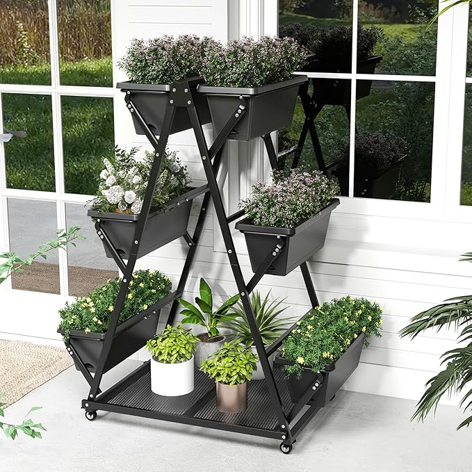 Giantex 6-Tier Rolling Raised Garden Bed, Vertical Planter Stand on Wheels with 6 Garden Boxes, Storage Shelf, Indoor Outdoor Freestanding Raised Beds for Flower Strawberry Vegetable Herb