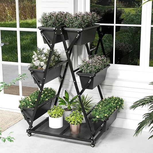 Giantex 6-Tier Rolling Raised Garden Bed, Vertical Planter Stand on Wheels with 6 Garden Boxes, Storage Shelf, Indoor Outdoor Freestanding Raised Beds for Flower Strawberry Vegetable Herb