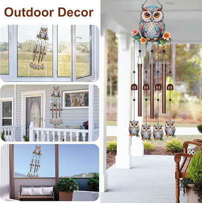 Owl Wind Chimes for Outside,Metal Windchimes with S Hook with Playful Design Wind Chime Garden Decor Outdoor Ideal Memorial/Housewarming/Birthday/Festival Gifts Front Yard Decor