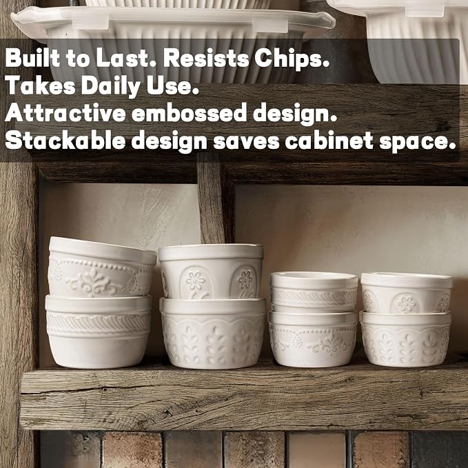 Artena Ramekins Oven Safe, Creme Brulee Ramekins, Embossed White Ceramic Ramiken, Souffle Pudding Custard Cups, Baking Dish, Dipping Bowls, Sauce Cups, Set Of 4 (8 oz, Damask Floral)