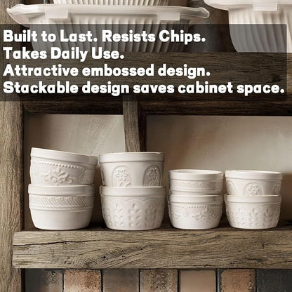 Artena Ramekins Oven Safe, Creme Brulee Ramekins, Embossed White Ceramic Ramiken, Souffle Pudding Custard Cups, Baking Dish, Dipping Bowls, Sauce Cups, Set Of 4 (8 oz, Damask Floral)