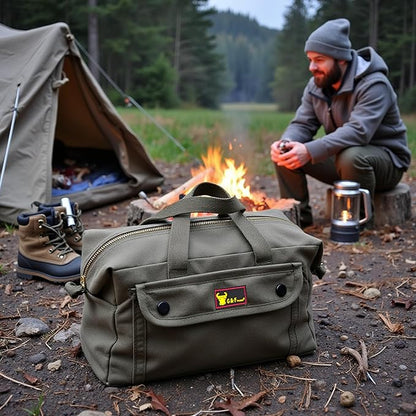 Waxed Canvas All Purpose Military Style Duffle Bag, Water-Resistant, Adjustable Strap, Fully Lined, Double Zipper Closure, heavy Duty, Olive Green