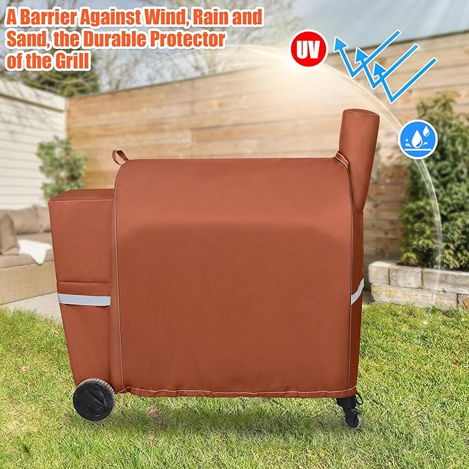 QuliMetal Pellet Grill Cover for Traeger Pro 34/780, Texas Elite 34, Eastwood 34 Series Pellet Grills, Z Grills 700/550/600, 600D Fade Resistant Full Length Grill Cover with Elastic Drawstrings, Brown