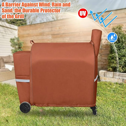 QuliMetal Pellet Grill Cover for Traeger Pro 34/780, Texas Elite 34, Eastwood 34 Series Pellet Grills, Z Grills 700/550/600, 600D Fade Resistant Full Length Grill Cover with Elastic Drawstrings, Brown