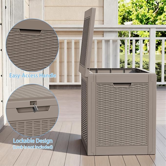 30 Gallon Deck Box, Waterproof Resin Rattan Outdoor Storage Box Lockable for Patio, Fade Resistant Ourdoor Side Table & Organizer for Garden Tools, Pool Floats, Outdoor Cushions, Light Coffee