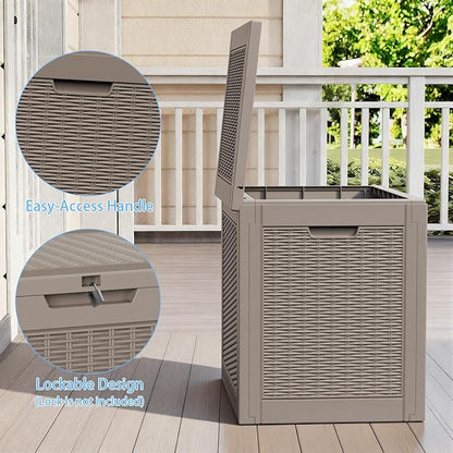 30 Gallon Deck Box, Waterproof Resin Rattan Outdoor Storage Box Lockable for Patio, Fade Resistant Ourdoor Side Table & Organizer for Garden Tools, Pool Floats, Outdoor Cushions, Light Coffee